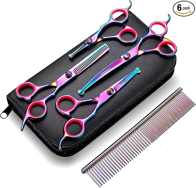 Gimars Professional 4CR Stainless Steel 6 in 1 Grooming Scissors for Dogs with Safety Round Tip, Heavy Duty Titanium Coated Pet Grooming Scissor for Dogs, Cats and Other Animals