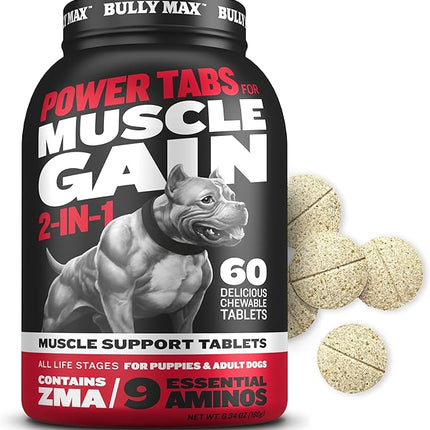 Bully Max 2-in-1 Muscle Builder Chewable Tablets for Puppies & Adult Dogs - Puppy & Dog Vitamins & Supplements for Muscle Gain & Growth - Ultimate Canine Multivitamins for All Breeds & Ages - 60 Tabs