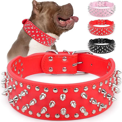 Epesiri Adjustable Wide Spiked Dog Collar, Mushroom Rivet PU Leather Cat Dog Collars, Durable Spike Studded Pet Collar for Small Medium Large Breed, Pitbull Mastiff Bulldog Pugs Husky Rottweiler, Red