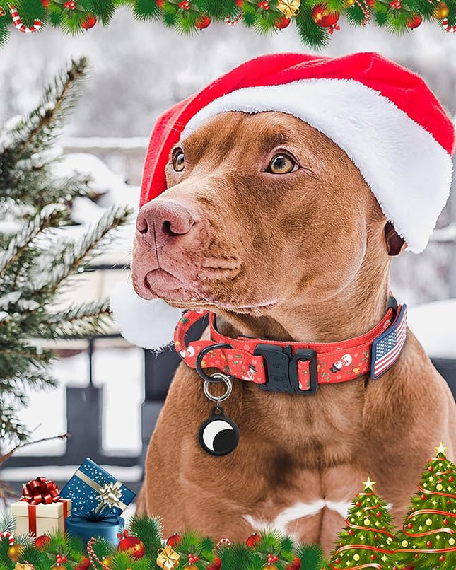Hotsky Christmas Tactical Dog Collar, Adjustable Military Training Xmas Collar with Handle and Have Duty Metal Buckle for Medium Large Dogs, with Airtag Holder and 2 Patches(Christmas Red,M)