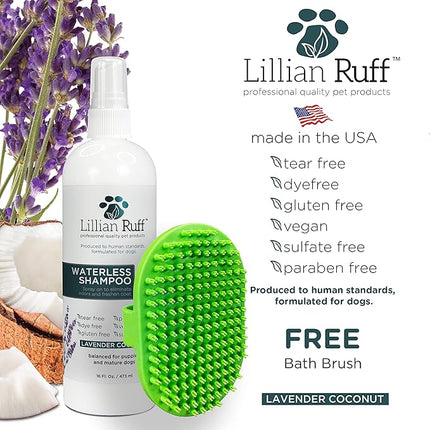 Lillian Ruff Waterless No-Rinse Dog Dry Shampoo Spray with Hydrating Essential Oils - pH-Balanced Dry Shampoo for Dogs - Clean, Condition, Detangle & Deodorize Dry, Sensitive Skin (16oz/Brush)