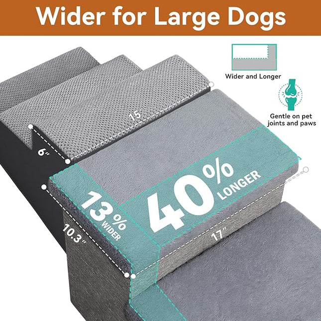 Dog Stairs with Furry Lids 18" H, 3-Step Wider Dog Steps with Storage for Small/Medium/Large Old Dogs Cats, Folding Sturdy Pet Stairs Climbing Bed Couch, Ramp for Car Hold Up to 200 lbs, Grey