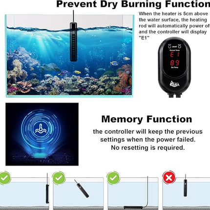 AQQA Submersible Aquarium Heater,100W/200W/300W/500W/800W/1000W/1200W Fish Tank Heater,External Temperature Controller LED Temperature Display,Suitable for Saltwater and Freshwater(200W)
