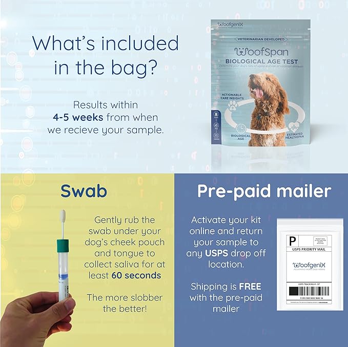 WoofSpan Dog Biological Age Test - DNA Methylation Science to Assess Healthspan, Aging Rate, and Risk for Common Conditions - Personalized Health Report & Preventative Care Tool for Dogs