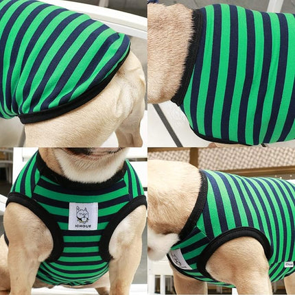 iChoue English Bulldog 100% Breathable Cotton Striped T Shirts Halloween Vest Clothes for Medium Dogs Tank Tops French Frenchie Pug Boston Terrier Pitbull Green Black Stripes - XLarge