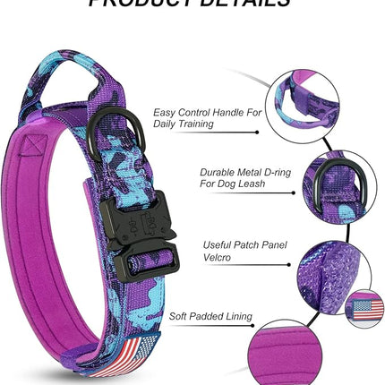 Hotsky Tactical Dog Collar, Adjustable Military Training Nylon Airtag Collar with Handle and Heavy Duty Metal Buckle for Medium Large Dogs, with Airtag Holder and Two Patches（Purple Camo,XL）