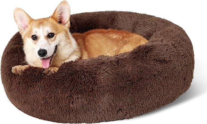 Bedsure Calming Dog Bed for Medium Large Dogs - Donut Washable Large Pet Bed, 33 inches Anti-Slip Round Fluffy Plush Faux Fur Dog Bed, Coffee