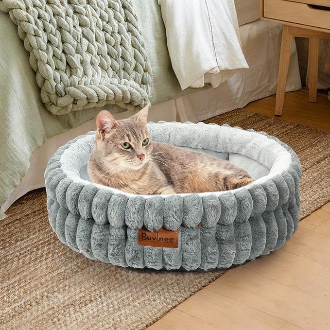 Cat Beds for Indoor Cats, Washable Round Bed for Small Dogs, Soft Pet Bed for Puppy and Kitten with Anti-Slip Bottom (Gray, 20in)