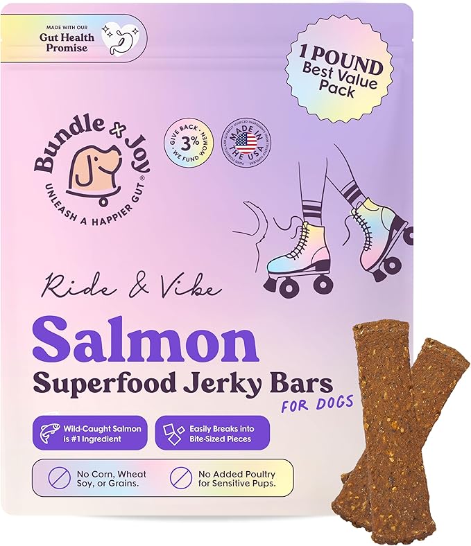 Ride & Vibe Dog Treats Salmon Jerky Snack Bars, 16 oz Bag, Puppy Training Treats, Natural Superfood Grain Free, Wild Caught Salmon, Superfoods, Corn, Poultry & Soy Free