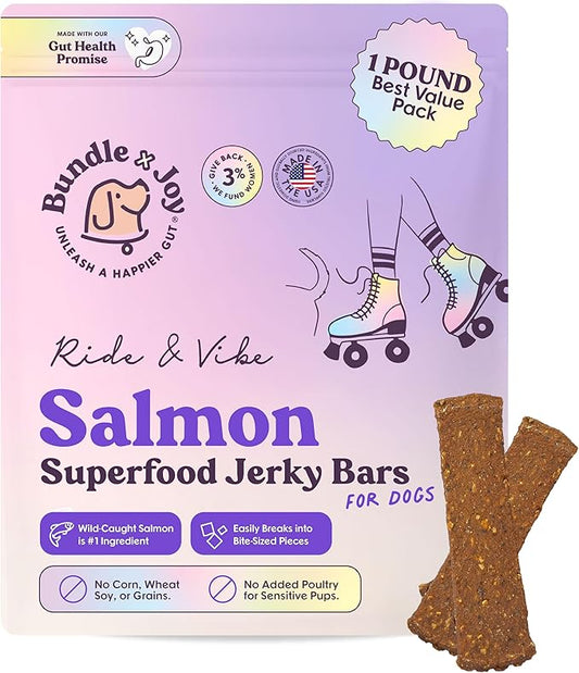 Ride & Vibe Dog Treats Salmon Jerky Snack Bars, 16 oz Bag, Puppy Training Treats, Natural Superfood Grain Free, Wild Caught Salmon, Superfoods, Corn, Poultry & Soy Free