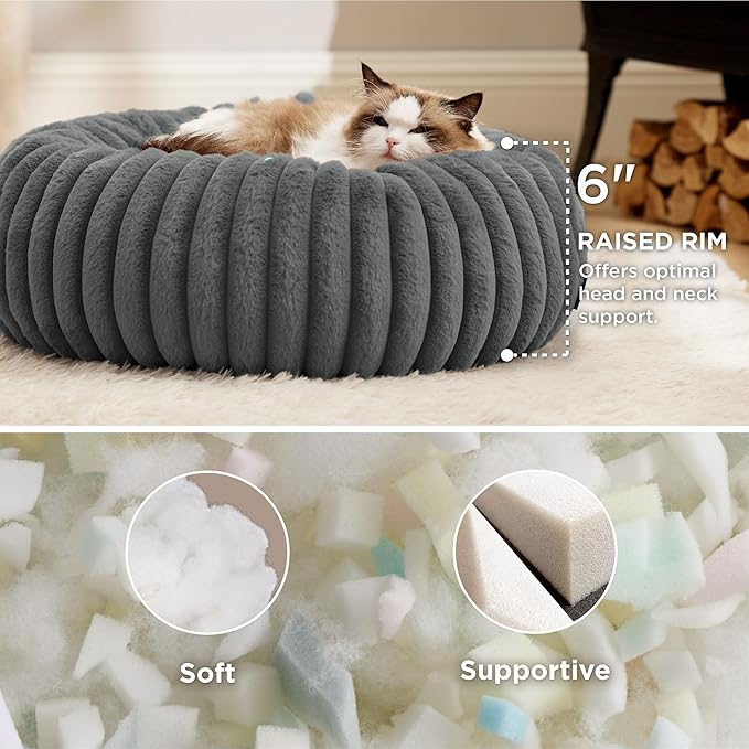 Bedsure Cat beds for Indoor Cats - Donut Dog Beds for Small Dogs with Corduroy Fleece & Anti Slip Bottom, Faux Fur Pet Beds with Washable Removable Cover, Warm Grey, 20x20x6 inches