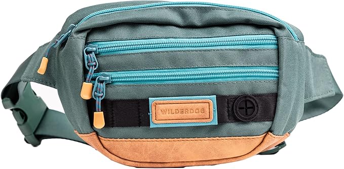 Wilderdog Utility Fanny Pack stores Treats, Balls, Keys in 3 Pockets with adjustable strap and Poop Bag dispenser (Evergreen)