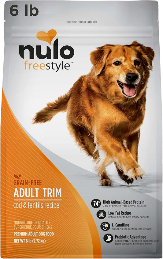 Nulo Freestyle Adult Trim Formula Grain-Free Weight Management Dry Kibble Dog Food With Healthy Digestive Aid BC30 Probiotic and L-Carnitine, Cod & Lentils, 6 Pound Bag