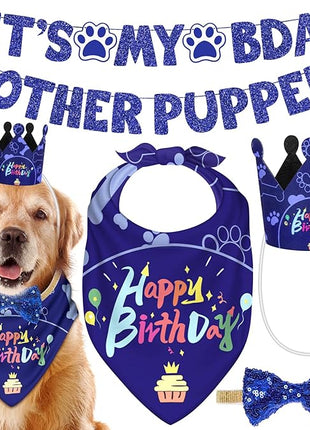 Birthday Bandana Hat Set - Dog Party Supplies with Cute Bow Tie and Birthday Banner for Small, Medium & Large Dogs