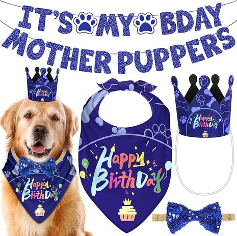 Birthday Bandana Hat Set - Dog Party Supplies with Cute Bow Tie and Birthday Banner for Small, Medium & Large Dogs