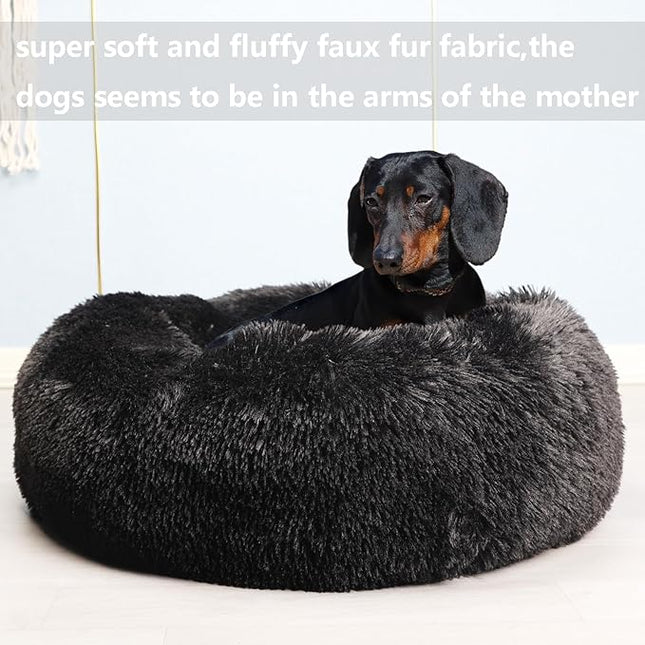 Black Dog Beds for Medium Dogs Washable Calming Bed for Dogs 28 Inches Black Calm and Anti Anxiety Faux Fur Round Medium Sized Pet Bed