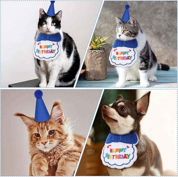 2pcs Cat Birthday Hat,Cute Birthday Hat for Cat,Adjustable Embroidered Cats Party Hats with Bib, for Girls, Boys, Kittens and Dogs Party Supplies Decoration Set (Blue)
