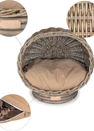 CBD1001A Socket Dome 19.5" x 17" Bohemian Handwoven Rattan Cat Bed with Machine-Washable Cushion, Kubu Gray