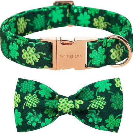 ARING PET St. Patrick's Day Dog Collar with Bow, Cute Adjustable Plaid Clovers Bowtie Pet Collars with Metal Buckle for Puppy Small Medium Large Boy Girl Dogs-S