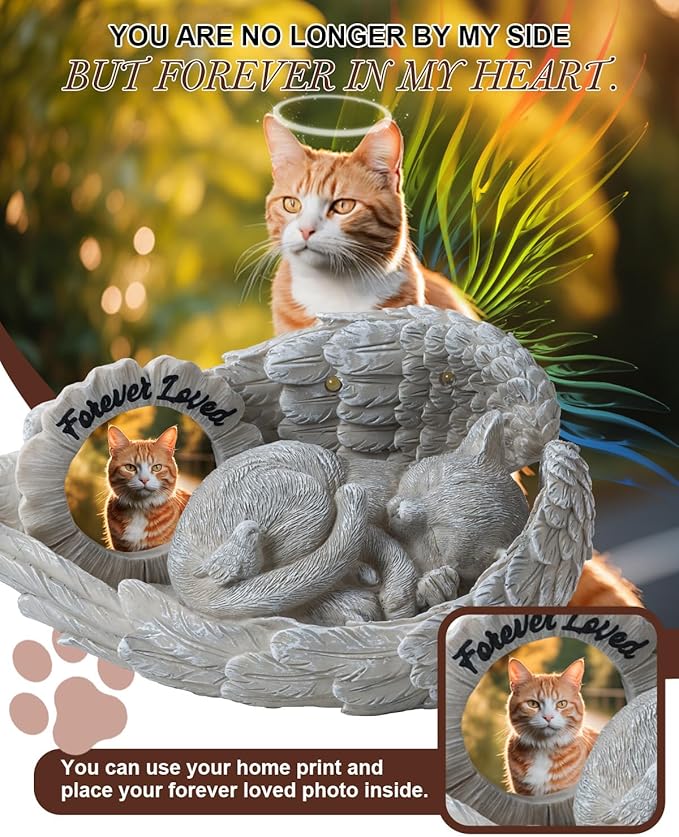 Cat Memorial Gift, Angel Memorial Cat Statue with Photo Frame, Forever My Guardian Angel Garden Solar Light Cats for Pet Memorial Stone
