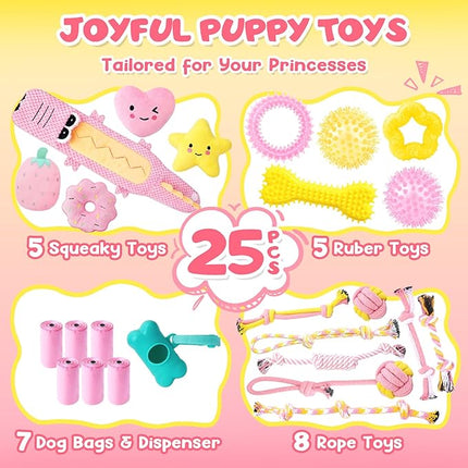 KIPRITII 25-Pack Pink Puppy Toy Set for Small Female Puppies - Includes Sweet Rope Toys, Chew Toys, Cute No-Stuffing Squeaky Dog Toy for Boredom and Teething