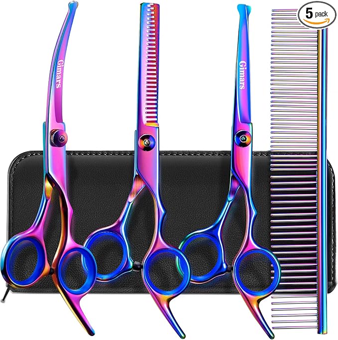 Gimars Dog Grooming Scissors Kit Professional 4CR with Safety Round Tip, 5 in 1 Heavy Duty Titanium Coated Thinning & Curved & Straight Shears
