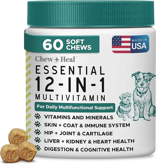 12-in-1 Multivitamin for Dogs - 60 Puppy and Senior Dog Vitamin and Supplement Soft Chews for Hip and Joint - Advanced Formula with Glucosamine, Omega 3,6,9, Vitamins, Probiotics, and More