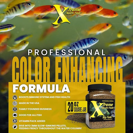 Xtreme Big Fella 3.0mm Pellets: Professional Nutrition for Medium to Large Cichlid/Community Fish - Boost Immune & Digestive Health, Color & Energy, Max Protein Fish Food – USA Farm Grown (20oz)