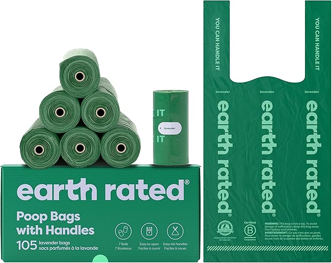 Earth Rated Dog Poop Bags with Handles on Refill Rolls, Easy-Tie on a Compact Roll, Extra Wide Opening, Guaranteed Leak-Proof, Lavender Scented, 105 on Rolls