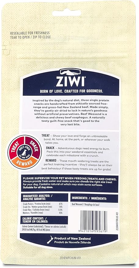 ZIWI Dog Chews and Treats – Beef Weasand - All Natural, Air-Dried, Single Protein, Grain-free, High-Value Treat, Snack, Reward 2.5 Ounce (Pack of 1)
