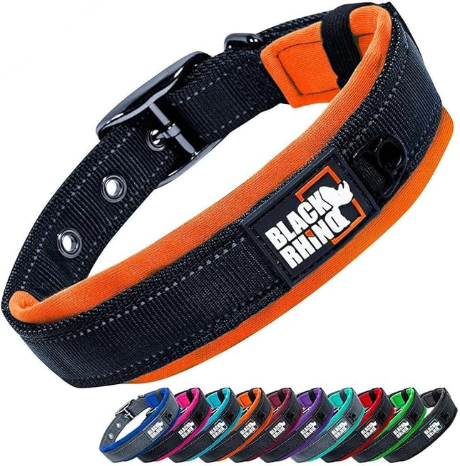 Black Rhino Dog Collar for Large Dogs - Adjustable Reflective Heavy Duty Dog Collars with Ultra-Soft Neoprene Padding - Weatherproof, Durable, and Comfortable for Active Dogs - Orange and Black