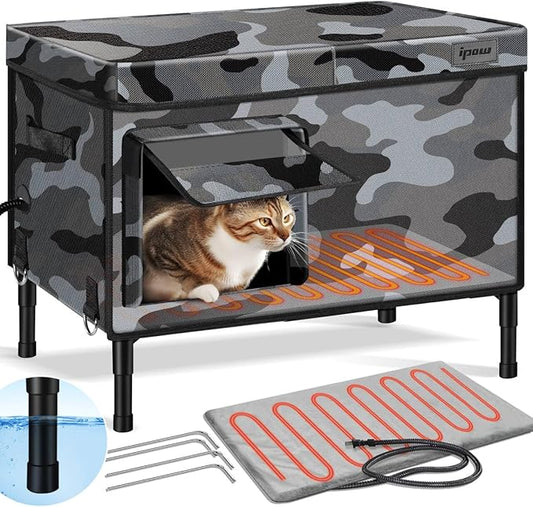 IPOW Extra Large Heated Cat House for Outside 6 Layers Ultra Sturdy Cat Houses for Outdoor Cats, 100% Waterproof with 900D Oxford Fabric & Fully Insulated Weatherproof Heated Plush Pad