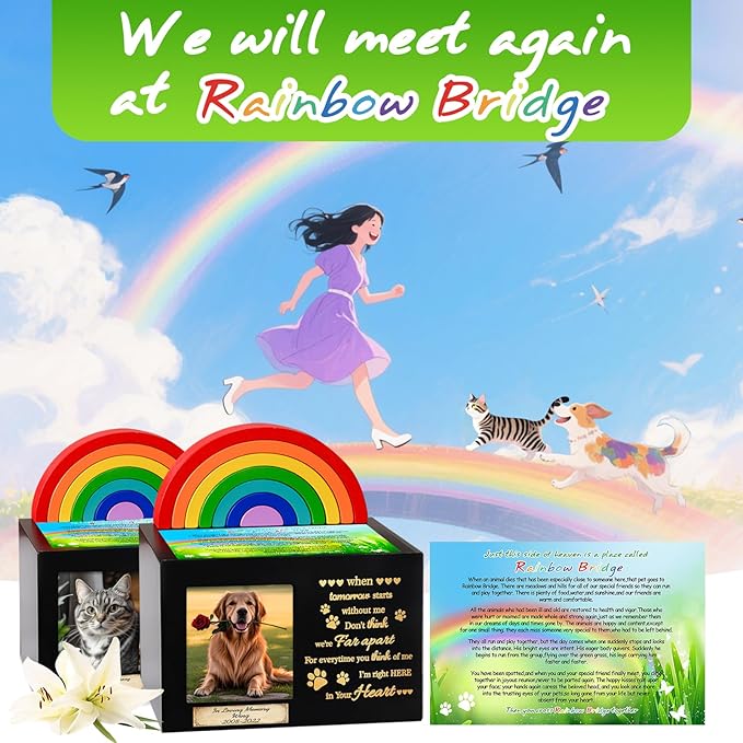 Wooden Rainbow Bridge Keepsakes Pet Urns, Handcrafted Dog/Cat Pet Urn, A Memorial Solemn Set, Pet Ashes Box with Photo Frame, Poem, Personalized Name Tag,Flannel Bag,Pet Sympathy Remembrance Gift