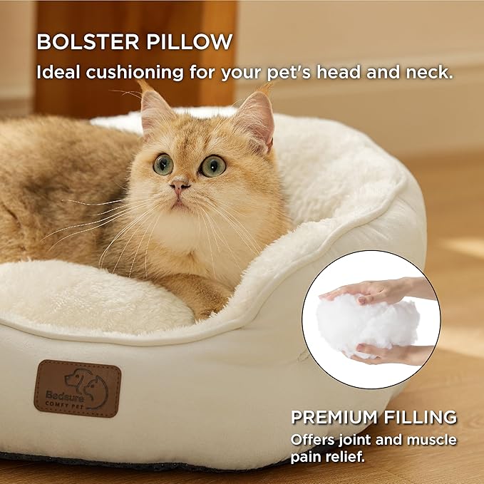 Bedsure Dog Beds for Small Dogs - Round Cat Beds for Indoor Cats, Washable Pet Bed for Puppy and Kitten with Slip-Resistant Bottom, 20 Inche, White
