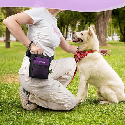 Gobeigo Dog Treat Pouch with Silicone Snack Bag, Front Pocket fits All Phones, 4 Cup Treat Bag with Training Clicker, Upgrade Stronger Magnetic Closure, 3 Ways to Wear Walking Fanny Pack (Purple)