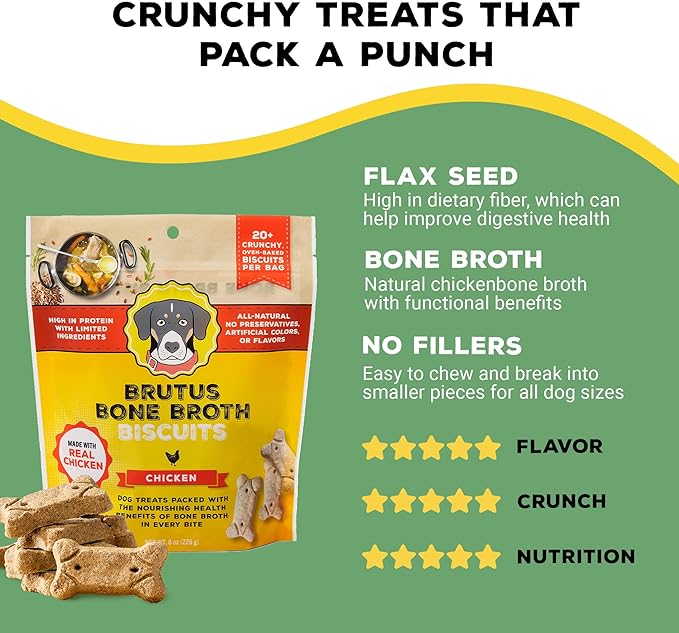 Brutus Bone Broth Biscuits (Chicken) - Healthy Dog Treats - Natural Biscuits with Dog Bone Broth and Real Chicken Meat - 18 Grams of Protein - 8 OZ (Pack of 2)