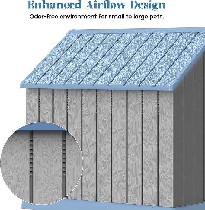 Large Dog House Outdoor Indoor for Medium Large Dogs, Durable Plastic Waterproof Doghouse with Air Vents and Elevated Floor, Easy Clean and Assemble (Blue, 36.2''L×38''W×38''H)