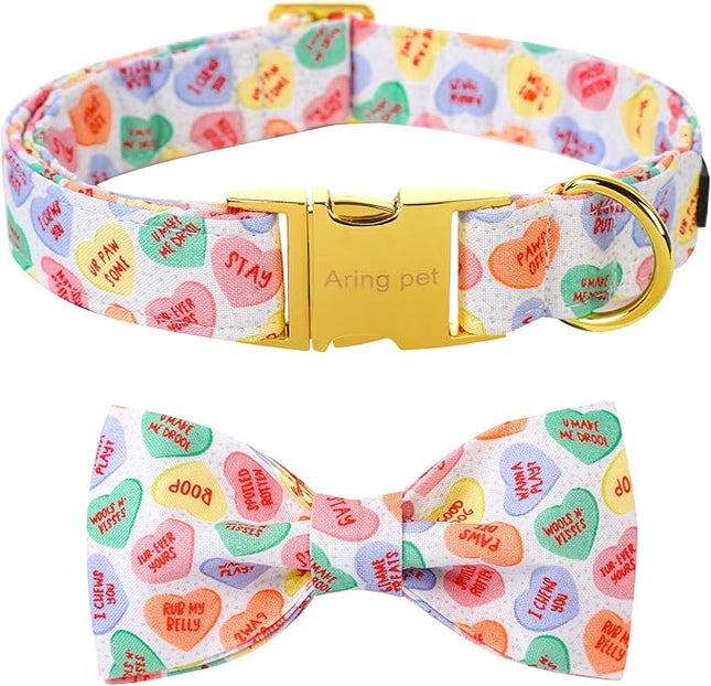 ARING PET Valentine's Day Dog Collar with Bow, Cute Adjustable Heart Bowtie Pet Collars with Metal Buckle for Puppy Small Medium Large Boy Girl Dogs-L