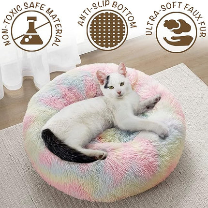 Friends Forever Donut Dog Bed Faux Fur Fluffy Calming Sofa For Small Dogs, Soft & Plush Anti Anxiety Pet Couch For Dogs, Machine Washable Coco Pet Bed with Non-Slip Bottom, 23"x23"x6" Rainbow