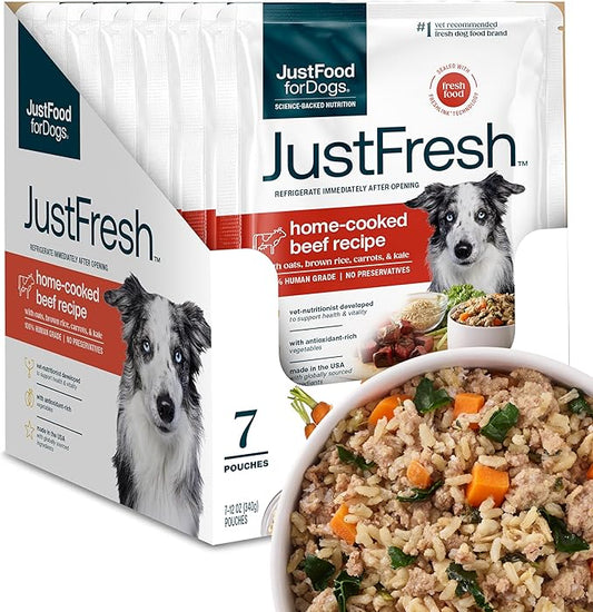 JustFoodForDogs JustFresh Home-Cooked Beef Dog Food with No Preservatives, Resealable Package, Human Grade Wet Dog Food, 12 oz - 7 Pack
