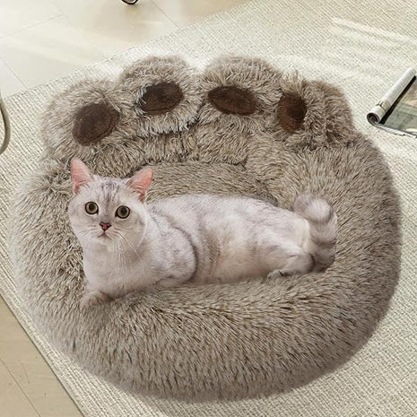 Calming Dog Bed Cat Bed Medium Size Dog - Donut Washable Medium Pet Bed, Warm Kitten Nest 24 inches Anti-Slip Round Fluffy Plush Faux Fur Cat Bed, Fits up to 25 lbs Pets, (Premium Brown)