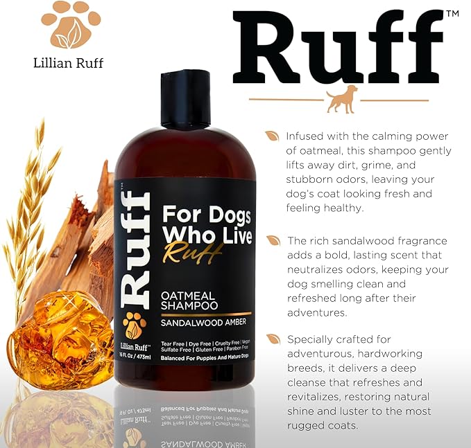 RUFF by Lillian Ruff Oatmeal Dog Shampoo | Sandalwood Amber | Professional Dog Shampoo With Aloe & Coconut Oil | Relieves Itching & Hot Spots | Moisturizing & Deodorizing | Safe for Puppies | USA Made