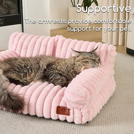 Hollypet Fluffy Plush Pet Cat Couch Soft Calming Pet Sofa Beds for Medium Small Cats and Dogs, Light Pink