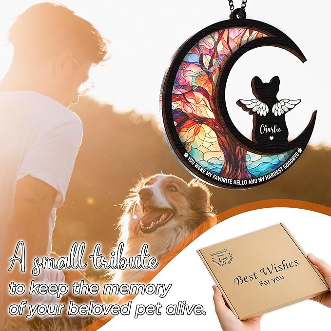 Personalized Angel Dog Memorial Suncatcher, Engraved Pet Memorial Ornament, Pet Sympathy Keychain, Loss of Animal Sympathy Card, Rainbow Bridge Dog Loss Gift, Bereavement Suncatcher Hanging