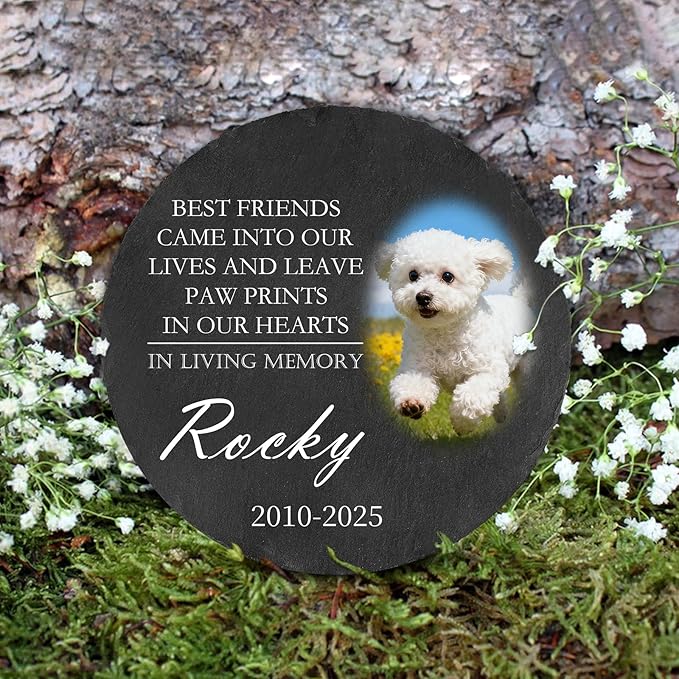 Ships Next Day Personalized Pet Memorial Stone for Loss of Dog Cat, Custom Photo Name Memory Headstone Garden Grave Marker Bereavement Sympathy Gift