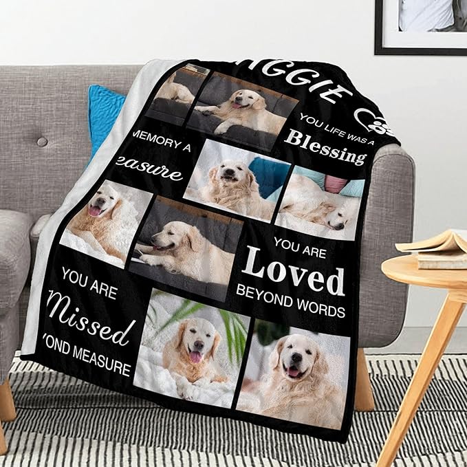 Custom Dog Blanket with Pictures, Customized Pet Memorial Gifts for Loss of Dogs, Personalized Memorial Gift of Cat Hamsters Rabbits, Pet Photo Blanket with Text, Pet Sympathy Gifts for Dogs