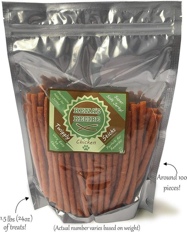 Rena's Recipe Twiggly Chicken Sticks (24oz /1.5lbs) Big Pack (Around 100 Pieces) - Rawhide Free Soft Chicken Jerky Sticks with Glucosamine!