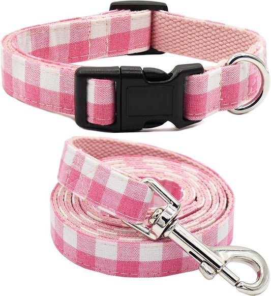 Bubblepup Dog Collar and Leash Set, Comfortable Adjustable Dog Collars for Small, Medium, Large Dogs in Pink with Geometric Pattern