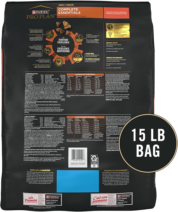 Purina Pro Plan Complete Essentials Shredded Blend Salmon and Rice Dog Food Dry Formula with Probiotics for Dogs - 15 lb. Bag