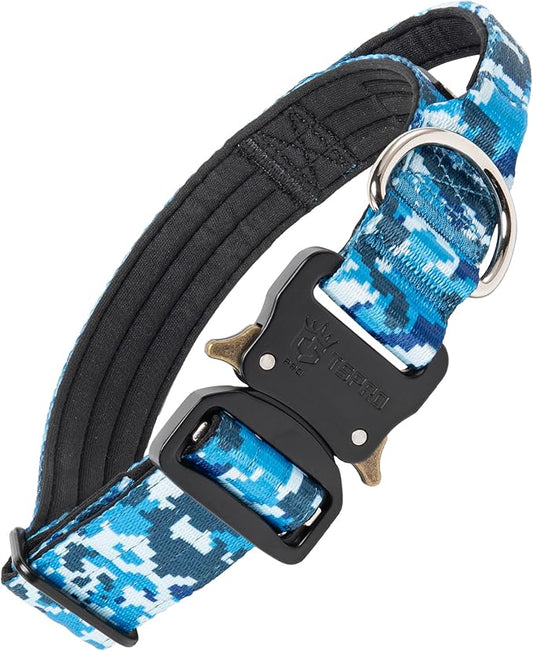 TSPRO Premium Dog Collars Tactical Dog Collar with Handle and Heavy Duty Quick-Release Metal Buckle Durable Thick and Adjustable for Medium to Large Dogs (Camo Blue M)